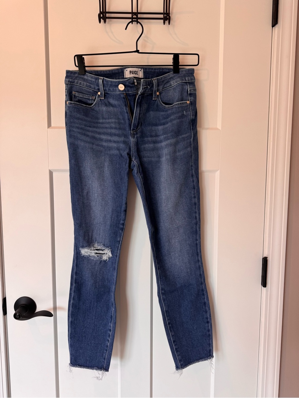 PAIGE Women's Medium Blue Skinny Jeans with Knee Distress